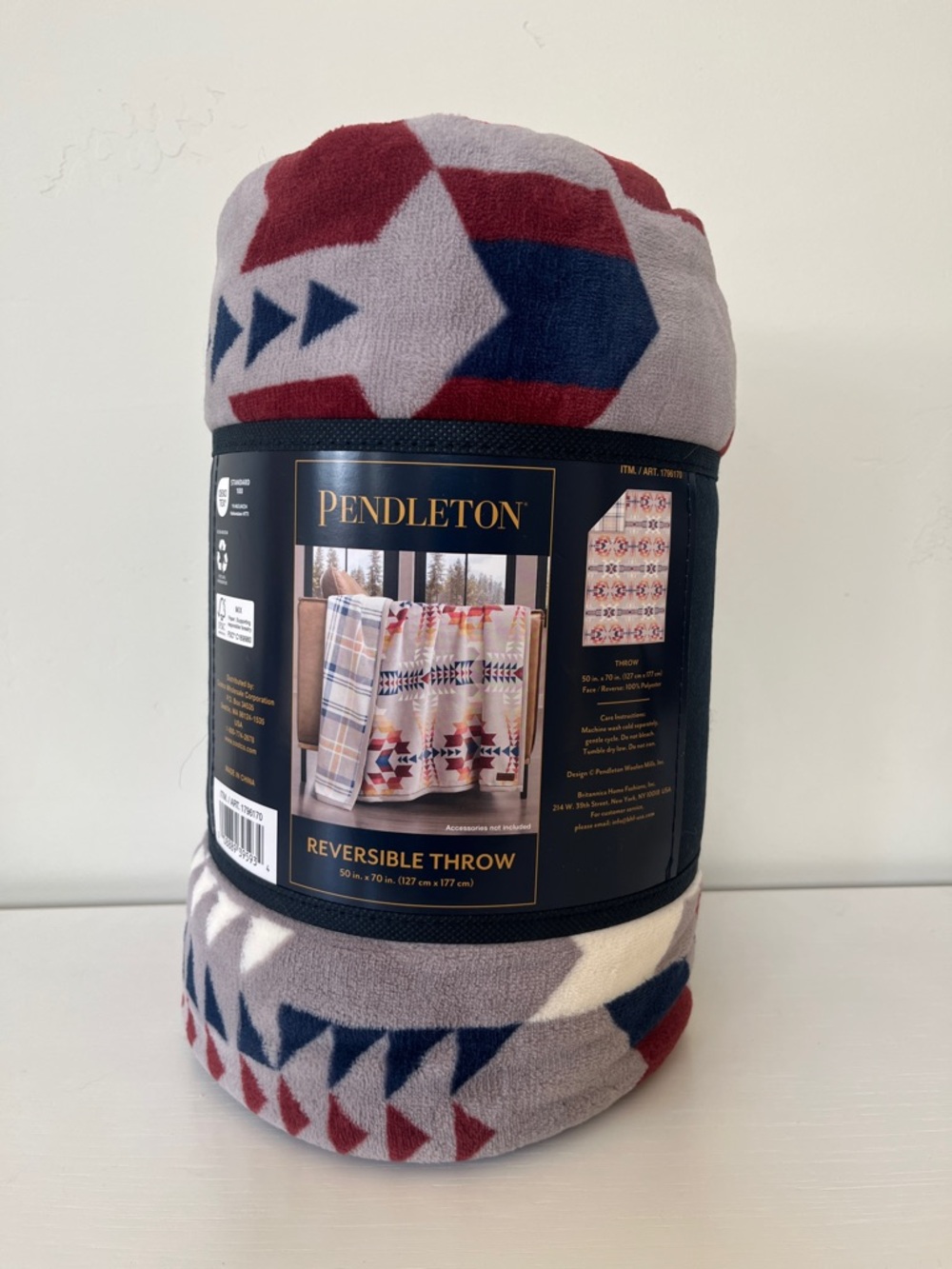 NWT Pendleton Red, Blue & Gray Geometric Reversible Throw 50” x 70”